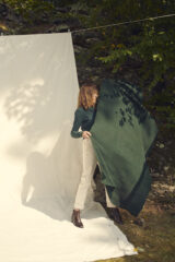RIF SHAWL IN DARK GREEN 100% CASHMERE, YARN DYED, HAND EMBROIDERED ESTONIAN BORDER CARDIGAN IN SPRUCE 100% CASHMERE