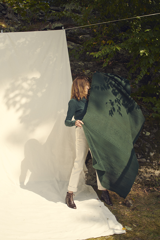 RIF SHAWL IN DARK GREEN 100% CASHMERE, YARN DYED, HAND EMBROIDERED ESTONIAN BORDER CARDIGAN IN SPRUCE 100% CASHMERE