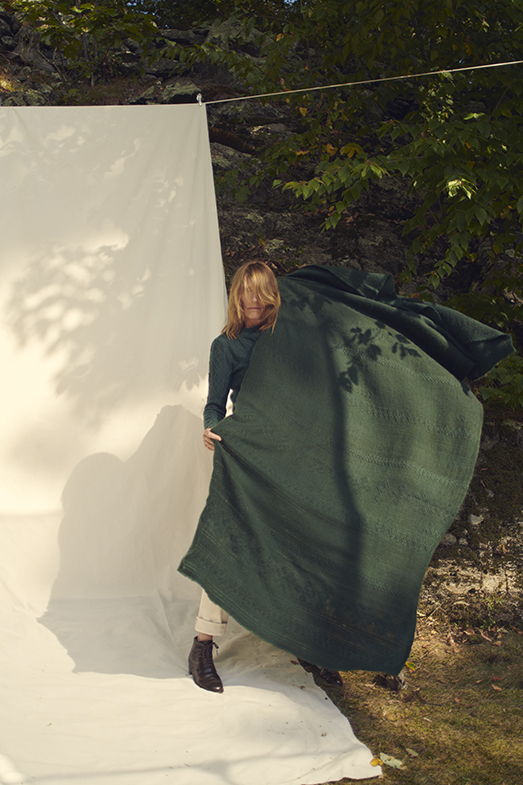 RIF SHAWL IN DARK GREEN 100% CASHMERE, YARN DYED, HAND EMBROIDERED ESTONIAN BORDER CARDIGAN IN SPRUCE 100% CASHMERE