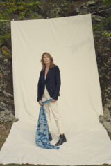 GRENELLE JACKET IN EMBASSY 100% CASHMERE MICRO DOT KALAGAI BANDANA IN TEAL, FUR BROWN & IVORY 100% CASHMERE, HAND TIE DYED