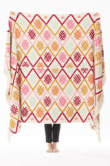 CREWEL WORK THROW IN ROSE, RUST & GREEN COLORWAY 100% CASHMERE, YARN DYED, HAND EMBROIDERED