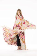 CREWEL WORK THROW IN ROSE, RUST & GREEN COLORWAY 100% CASHMERE, YARN DYED, HAND EMBROIDERED