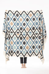CREWEL WORK THROW IN BLUE, BROWN & CAMEL COLORWAY 100% CASHMERE, YARN DYED, HAND EMBROIDERED
