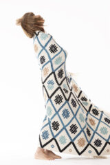 CREWEL WORK THROW IN BLUE, BROWN & CAMEL COLORWAY 100% CASHMERE, YARN DYED, HAND EMBROIDERED